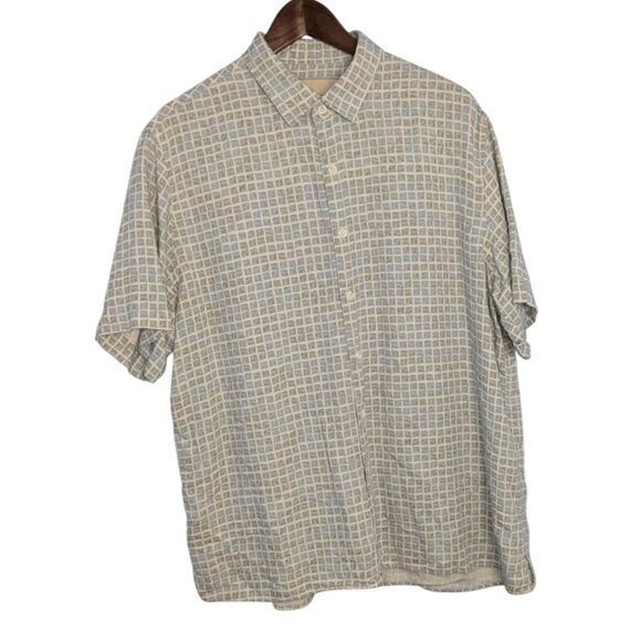 Vintage Silk Other - Silk Mens XL Short Sleeve Button-Up Shirt Beige Blue Retro Pattern Vintage
